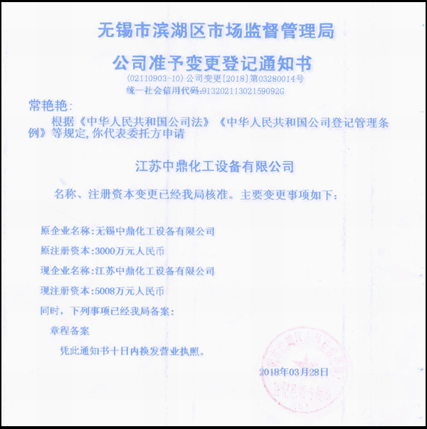 江蘇中鼎化工設(shè)備有限公司變更名稱：（原：無錫中鼎化工設(shè)備有限公司）名稱已經(jīng)變更！